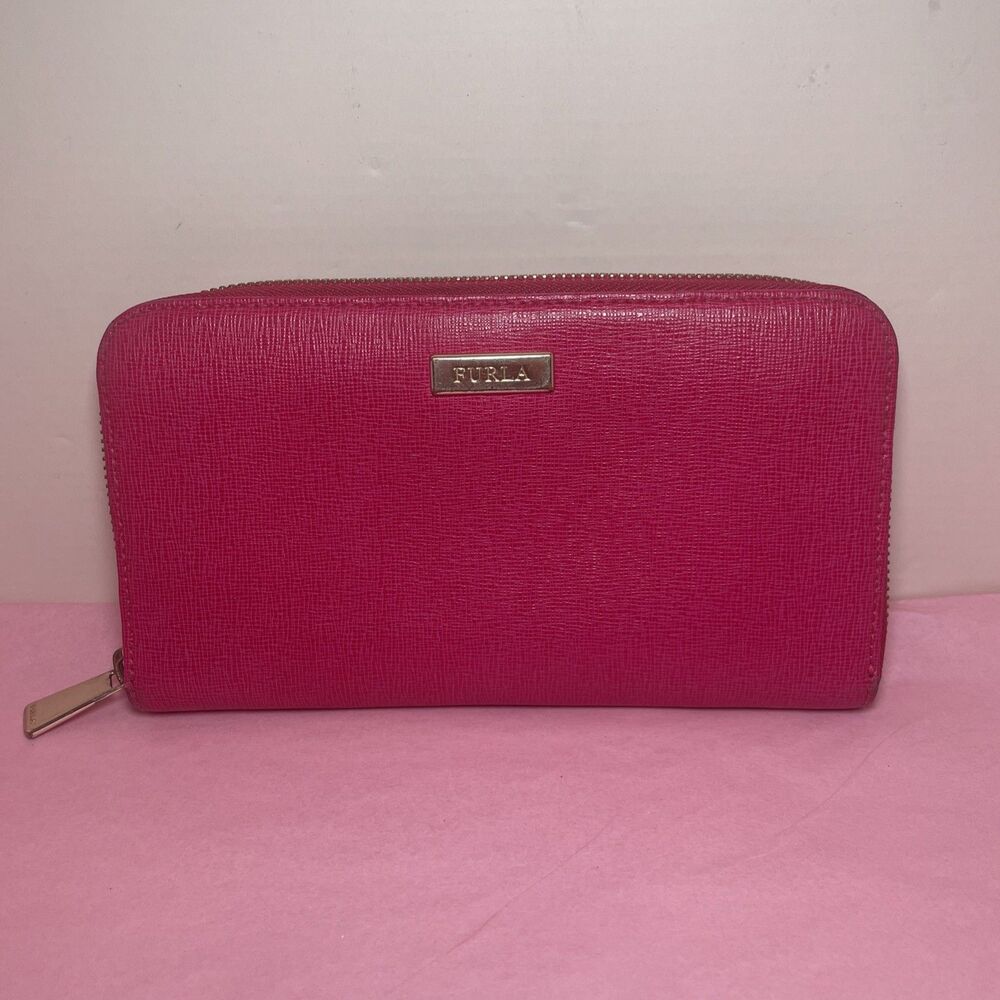 Furla Genuine Leather Babylon Accordion Zip Around Wallet Hot Pink Clutch